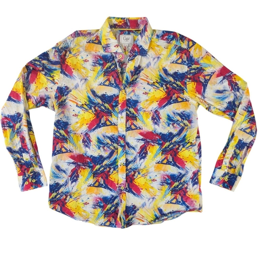Cigar Couture Button Down Shirt Mens 2XL Multi Color Abstract Paint Splatter Art